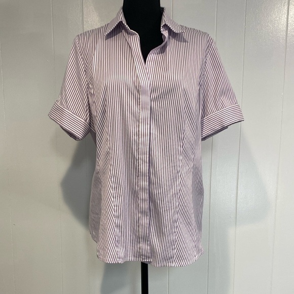 Ann Taylor Shirt Button Down Cuffed Sleeves Striped Tailored Purple Size 14 - Picture 1 of 14